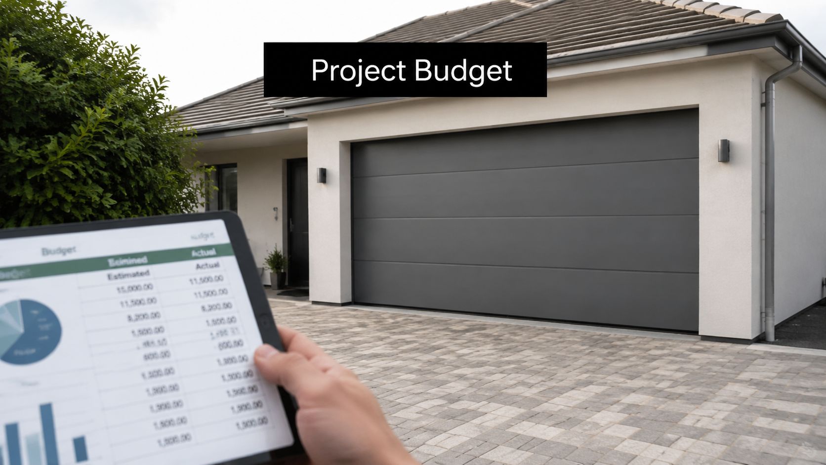A person holds a tablet displaying a budget spreadsheet in front of a modern residential garage.