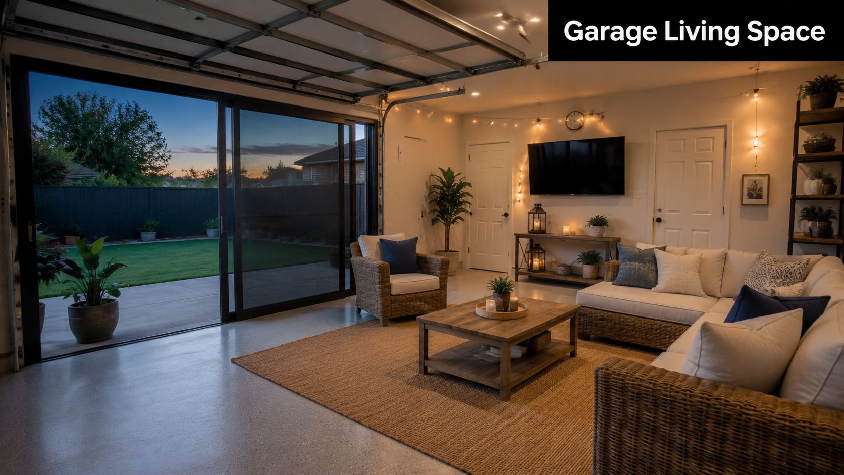 A cozy, modern garage living space featuring four track sliding garage screen doors opening to a backyard.