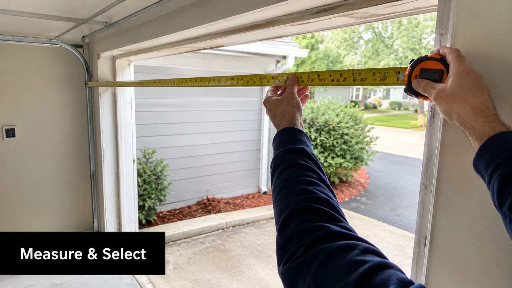 A person using a yellow tape measure to gauge the width of a garage door opening frame.