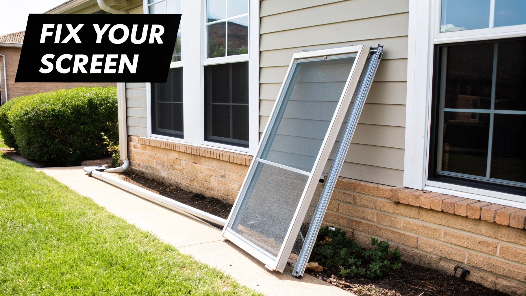 Close-up of a damaged window screen frame, showing a bent corner and torn mesh.