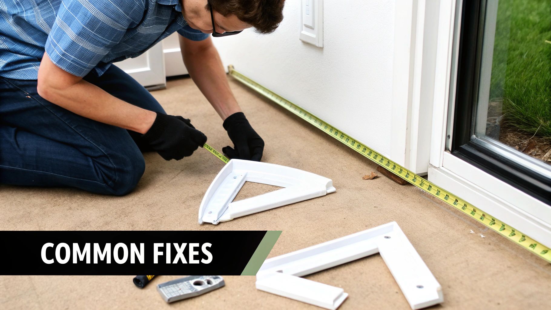 A person using a tool to fix a window screen frame laid out on a work surface.