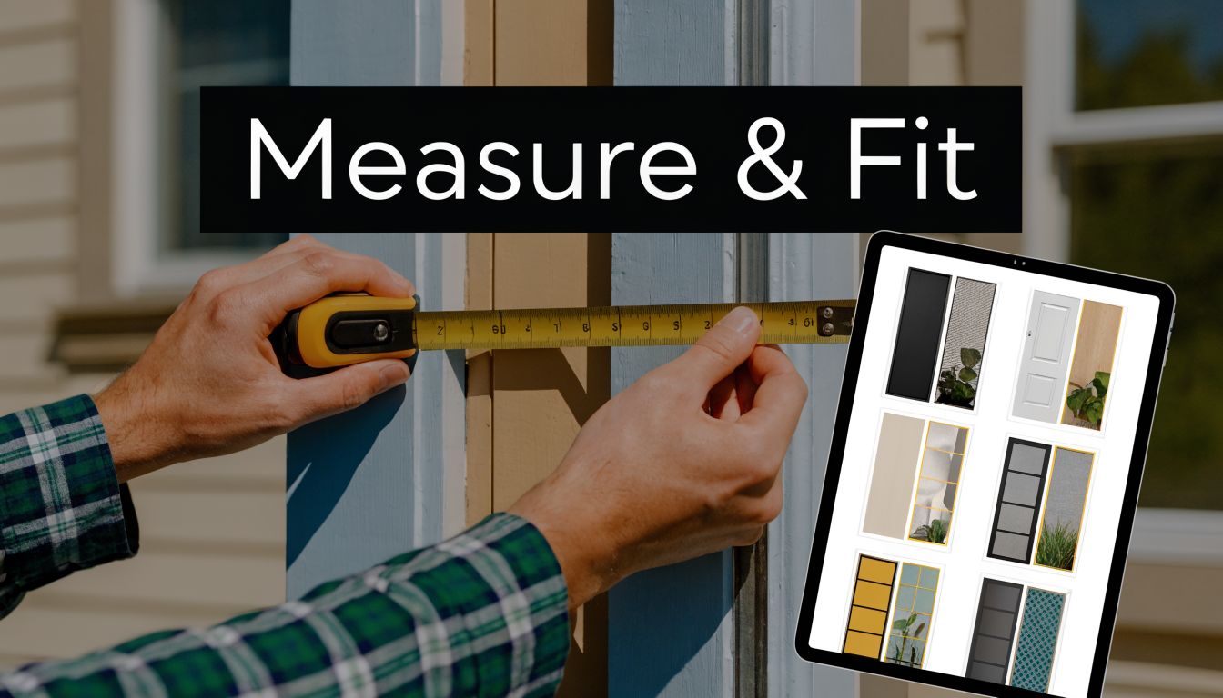 A person using a measuring tape to determine the width of a door frame for screen installation.