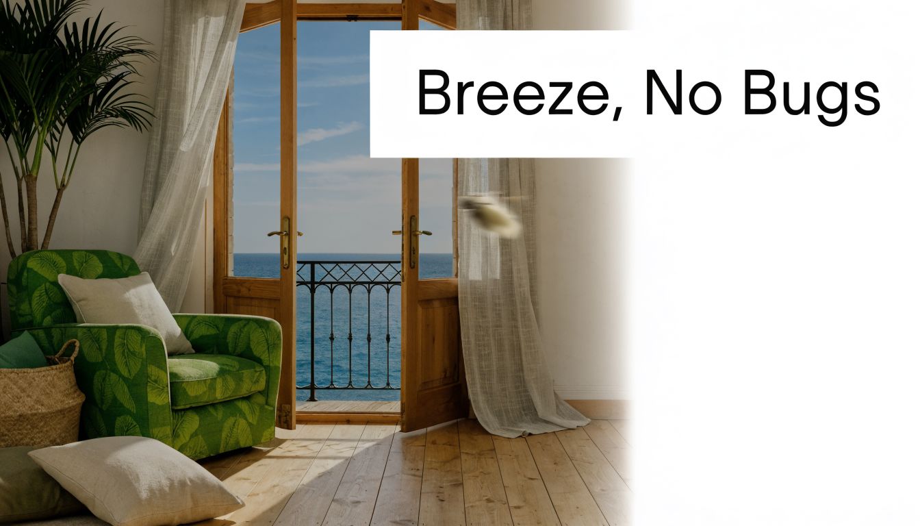 A cozy room with a green armchair facing an open balcony door overlooking the ocean view.