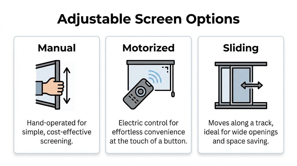 A graphic displaying three types of adjustable screen options: manual, motorized, and sliding with brief descriptions.