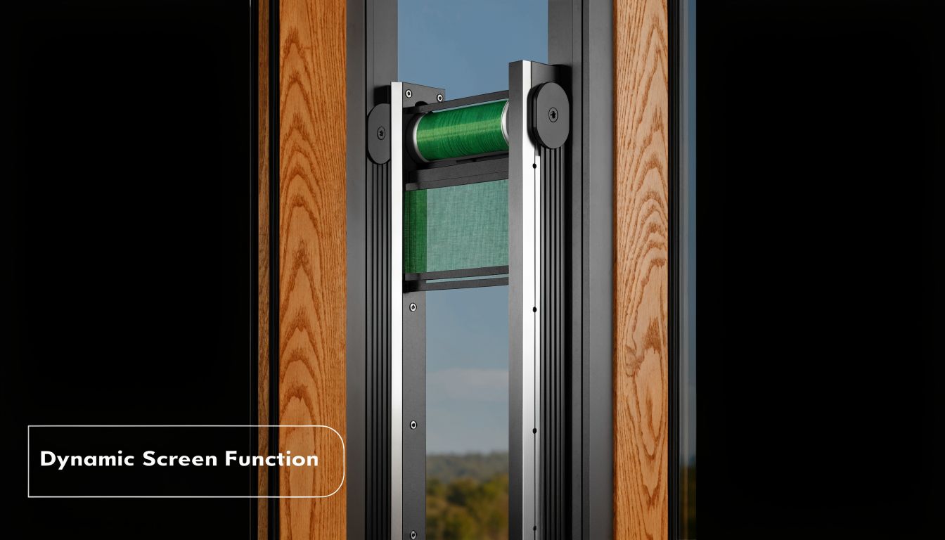 A close-up view of a modern window mechanism featuring a retractable green dynamic screen for adjustable shading.