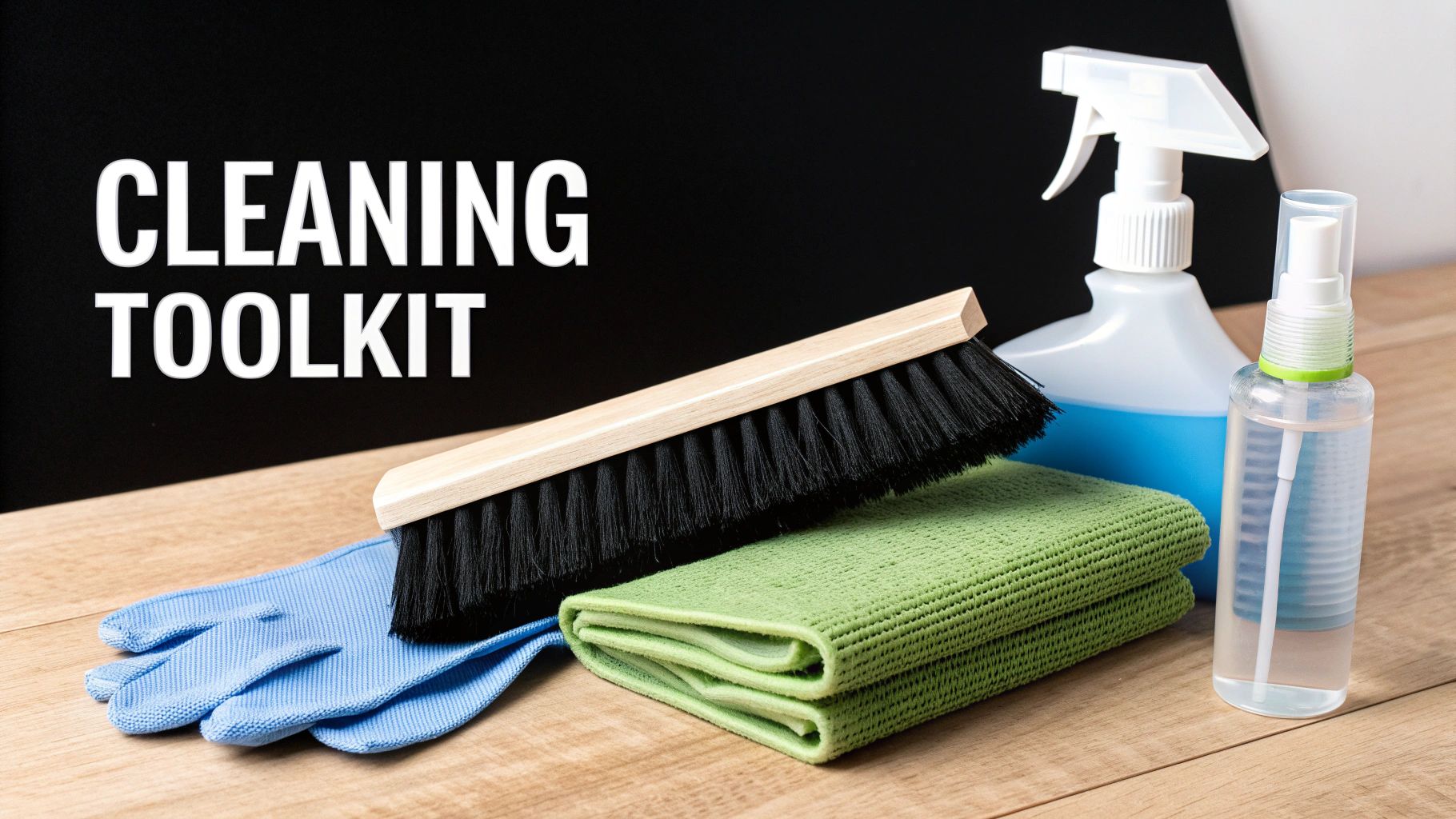 A collection of cleaning supplies for screen doors, including brushes, cloths, and a spray bottle.