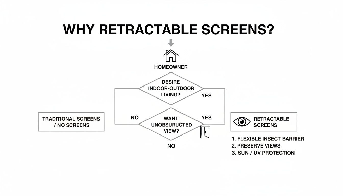Flowchart illustrating why homeowners choose retractable screens for indoor-outdoor living and unobstructed views.