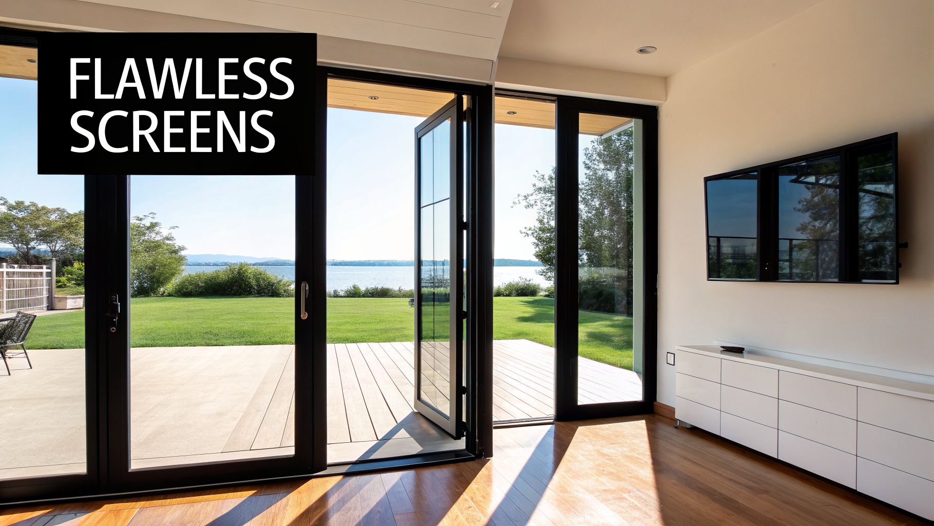 Modern living room with open black French doors, leading to a green lawn and beautiful lake view.