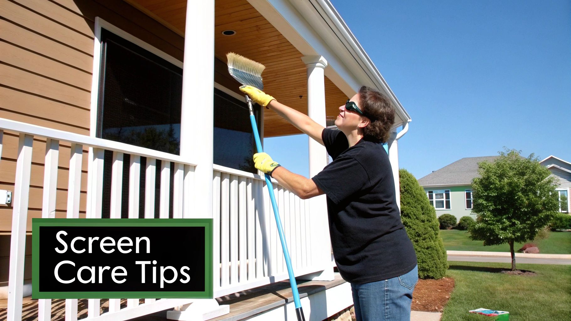 A woman wearing sunglasses and gloves cleans the porch ceiling of a house with a long brush.