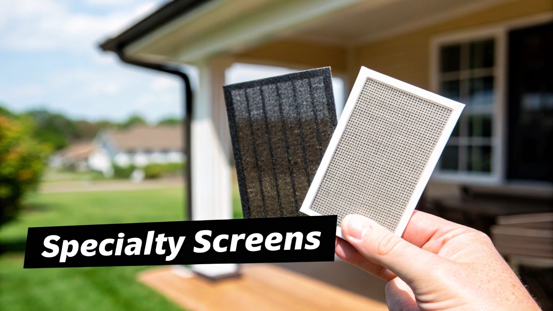 A hand holds two samples of specialty screens, one dark and one light mesh, outdoors.