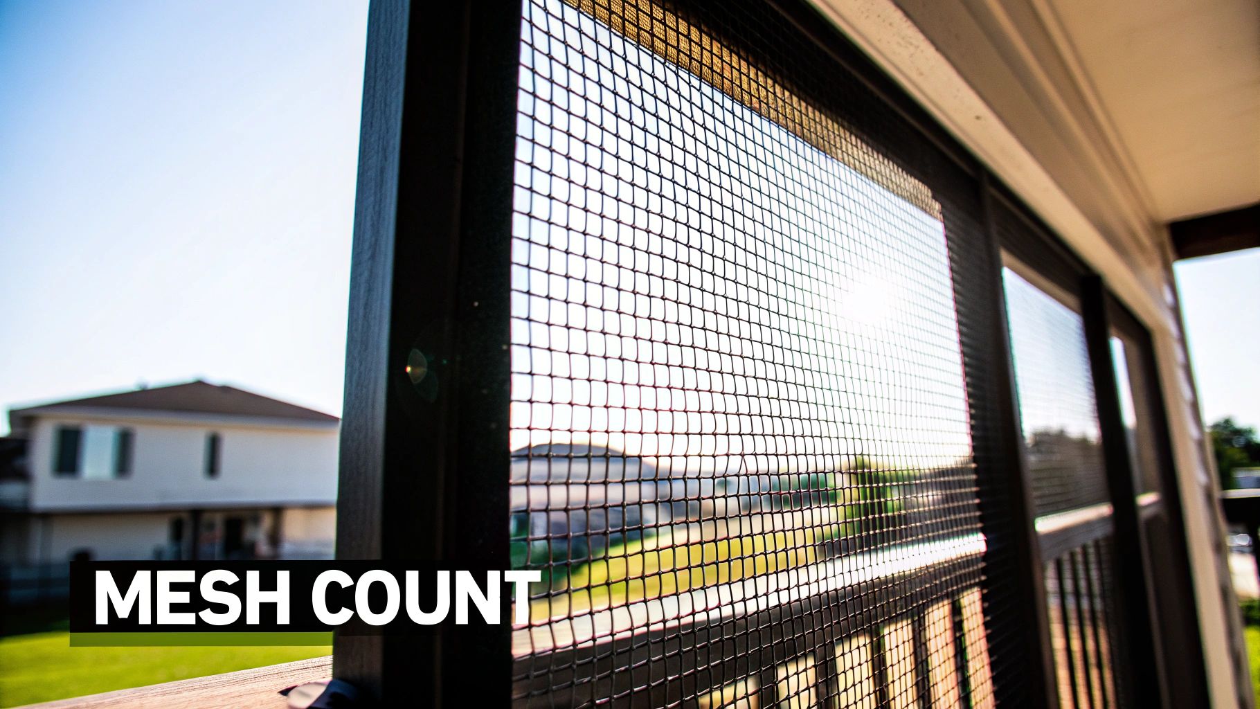 Close-up of a black screen mesh on a porch, with a house and green lawn in the background.