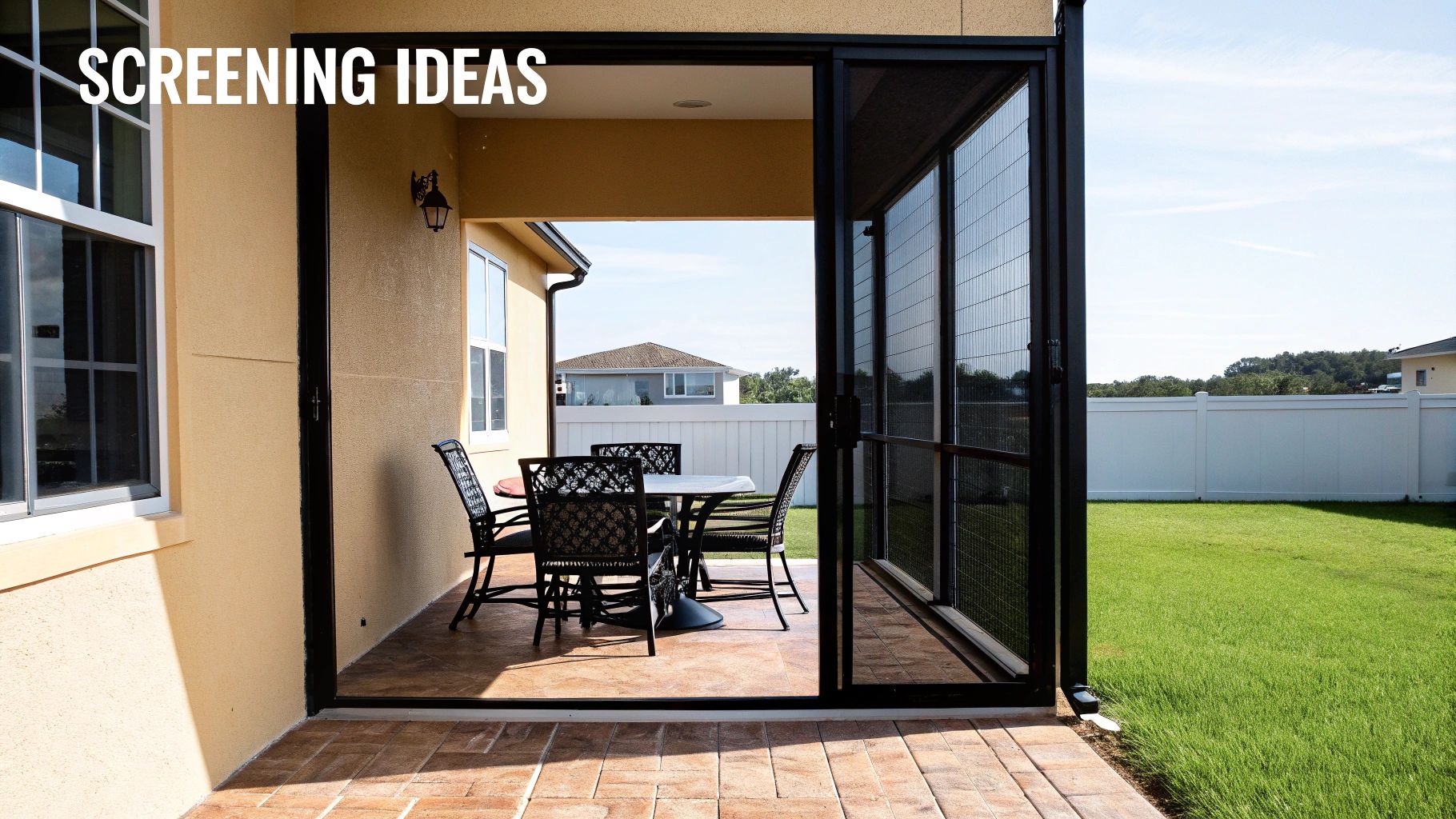 A screened porch with an outdoor dining set opens to a green backyard with a white fence.