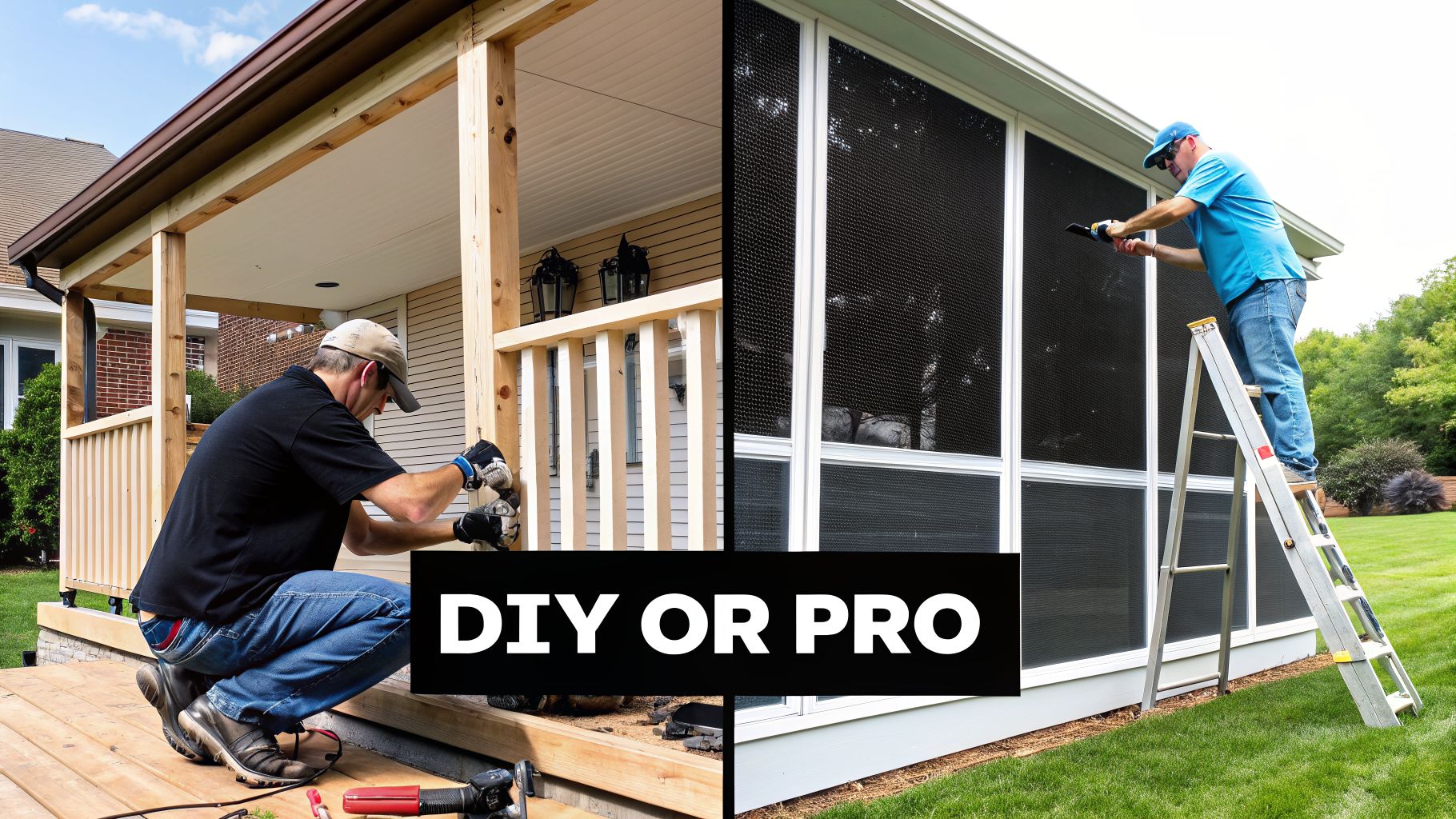 Split image contrasting a man doing DIY porch construction with another man professionally installing screens, labeled 'DIY OR PRO'.