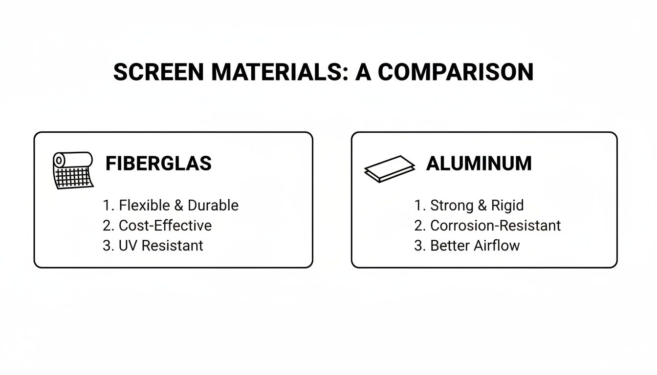 A comparison chart showing features of Fiberglass and Aluminum screen materials for accessibility.
