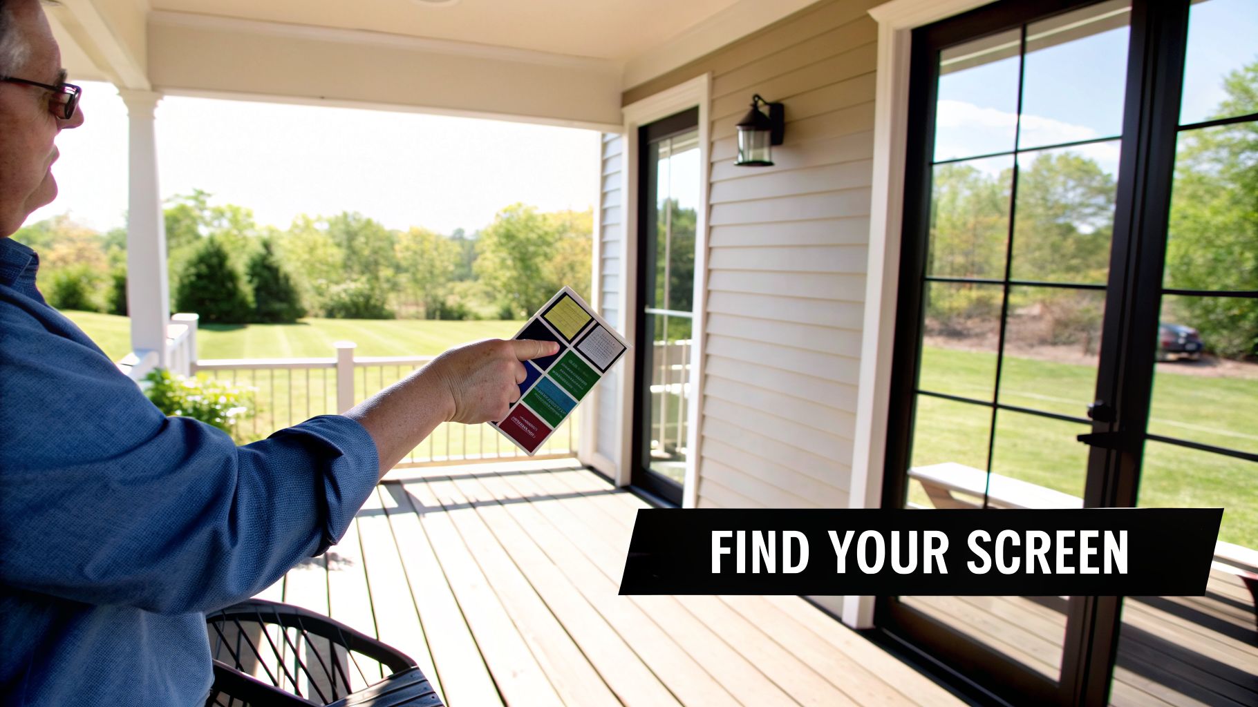 Man on a porch holds a screen sample card, comparing options for an outdoor living space.
