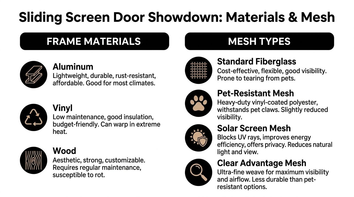 A comparison chart outlining common sliding screen door frame materials and various specialized screen mesh types available.