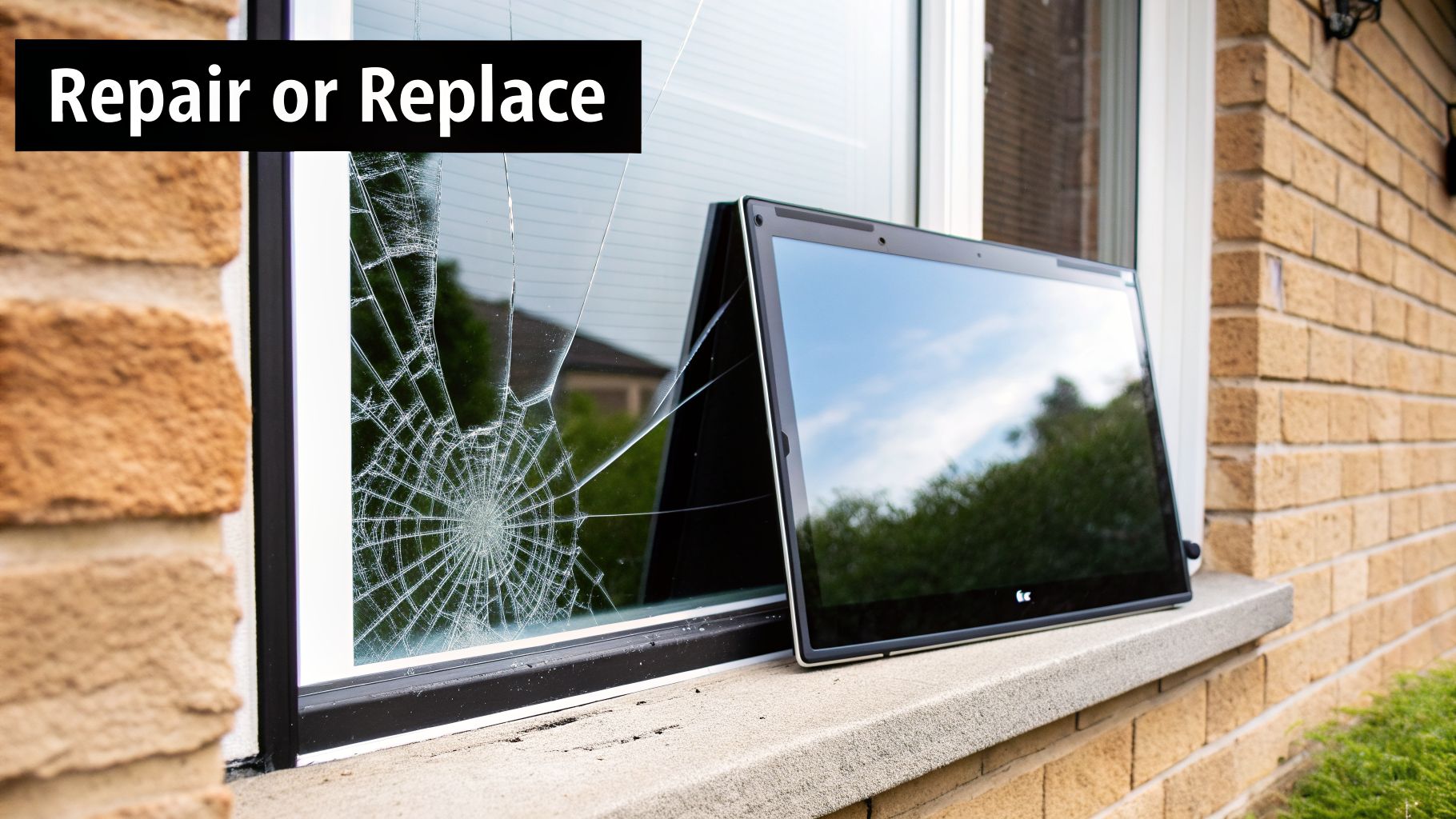 A broken house window with a spiderweb crack, next to a laptop, with 'Repair or Replace' text.