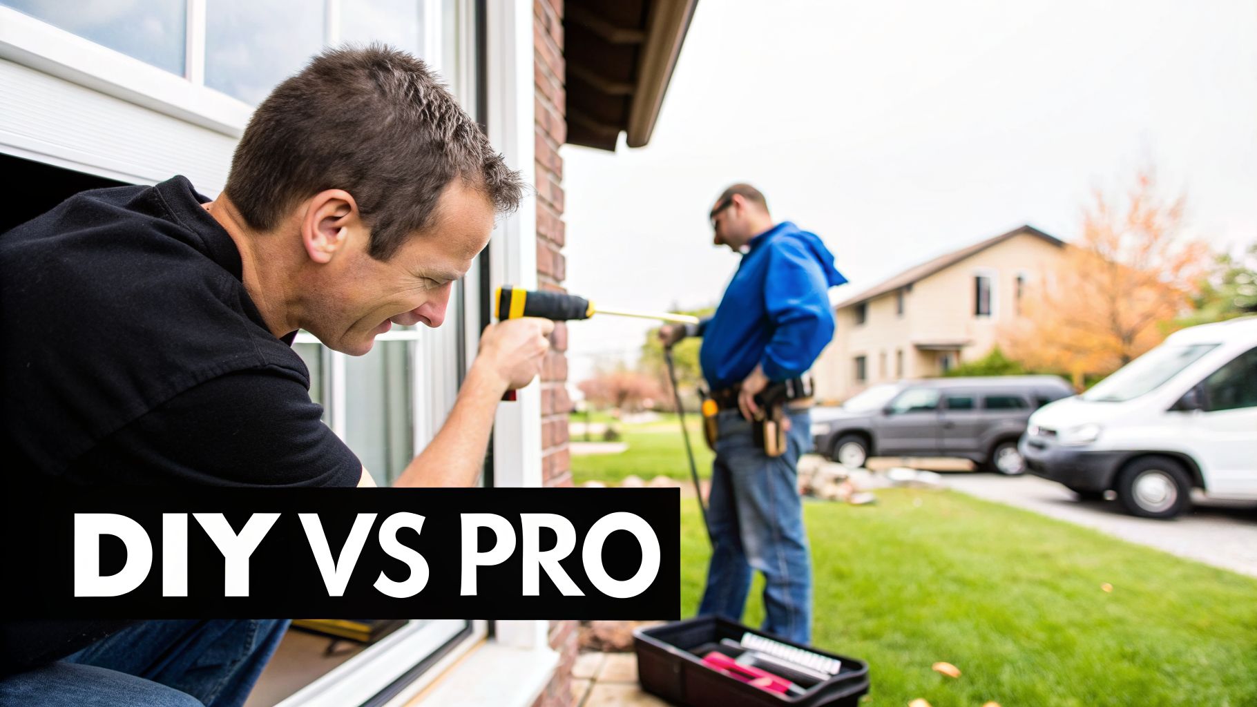 A homeowner attempts window repair while a professional contractor works outside, highlighting DIY vs pro.