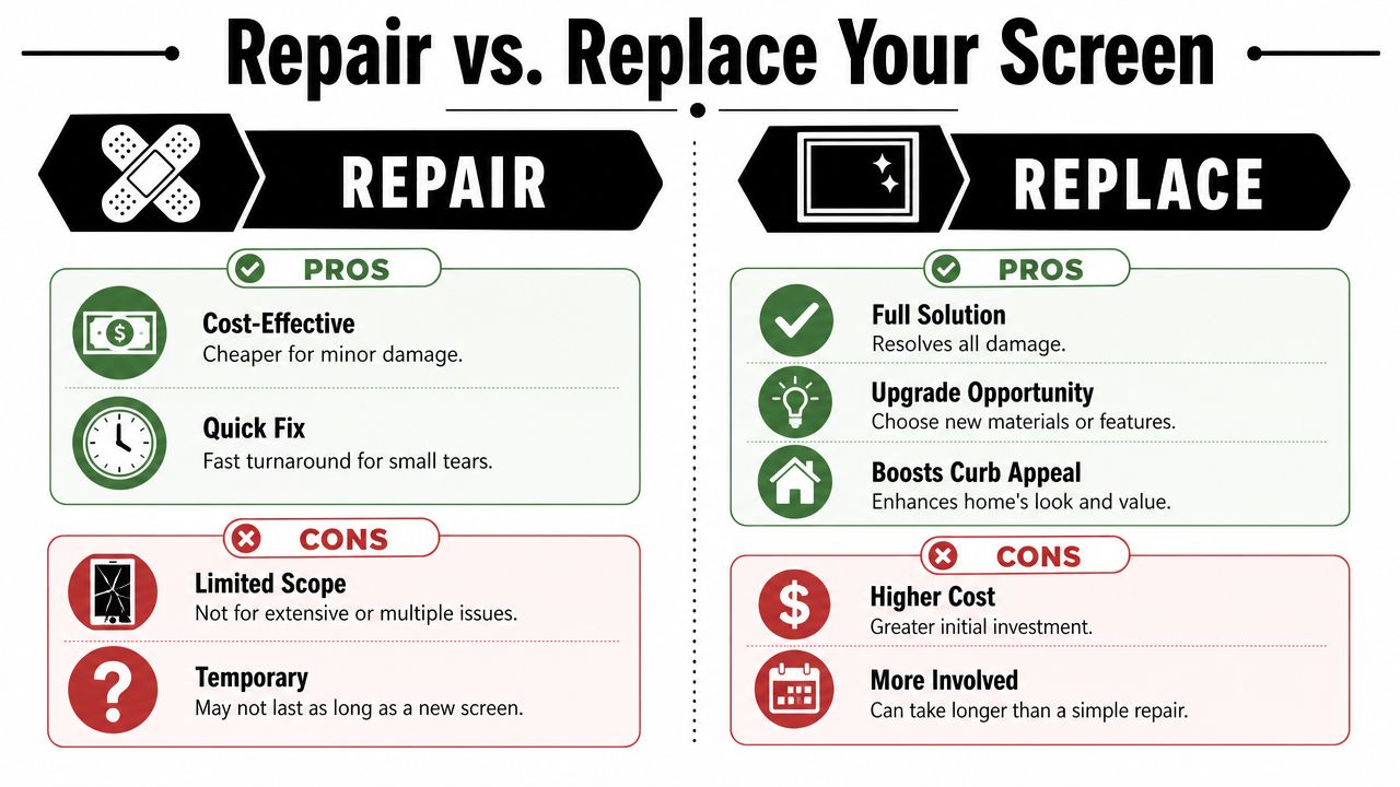 A comparison infographic detailing the pros and cons of choosing to repair or replace home bug door screens.