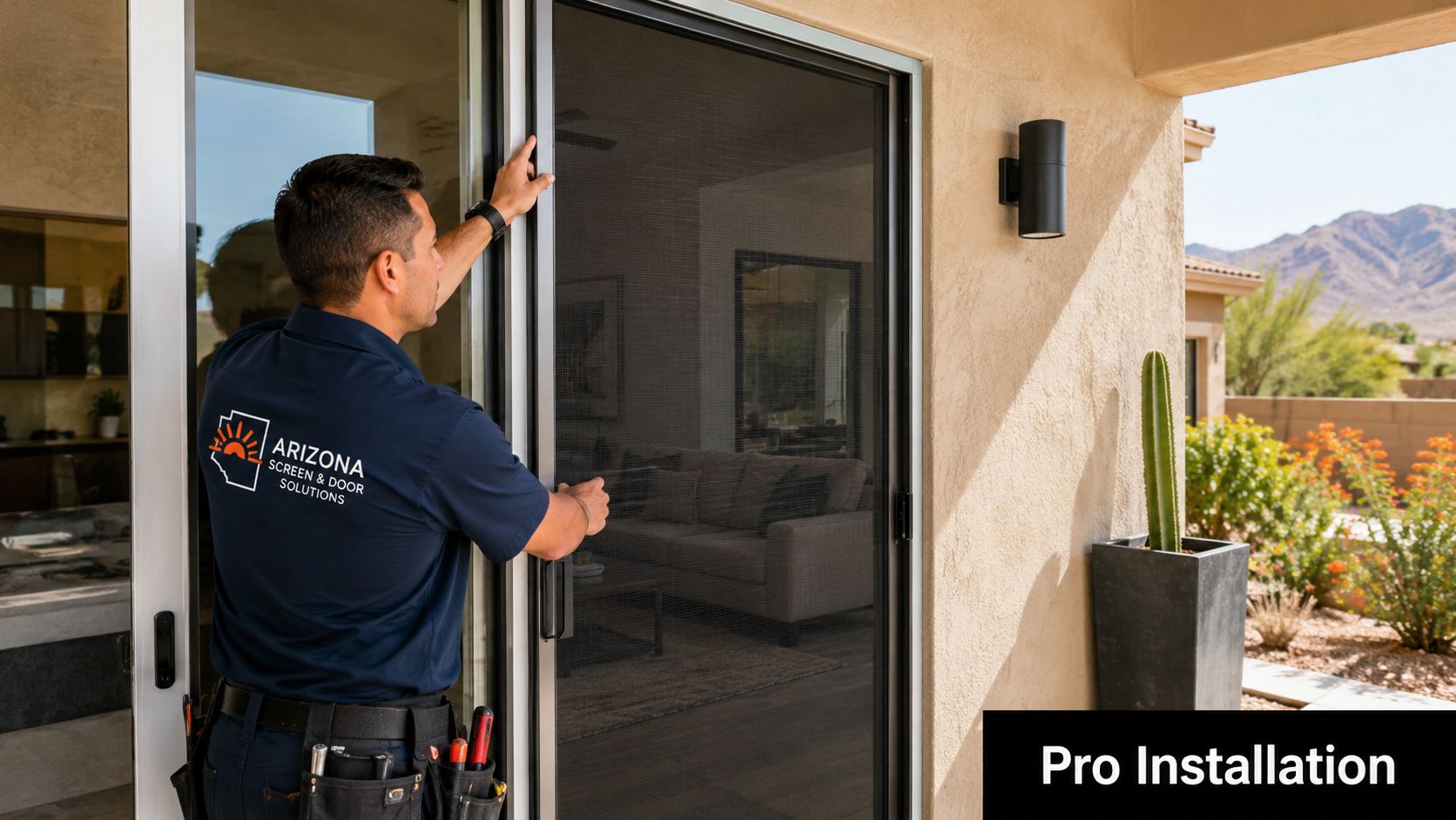 A professional technician installing a black bug door screen on a home patio sliding glass door.