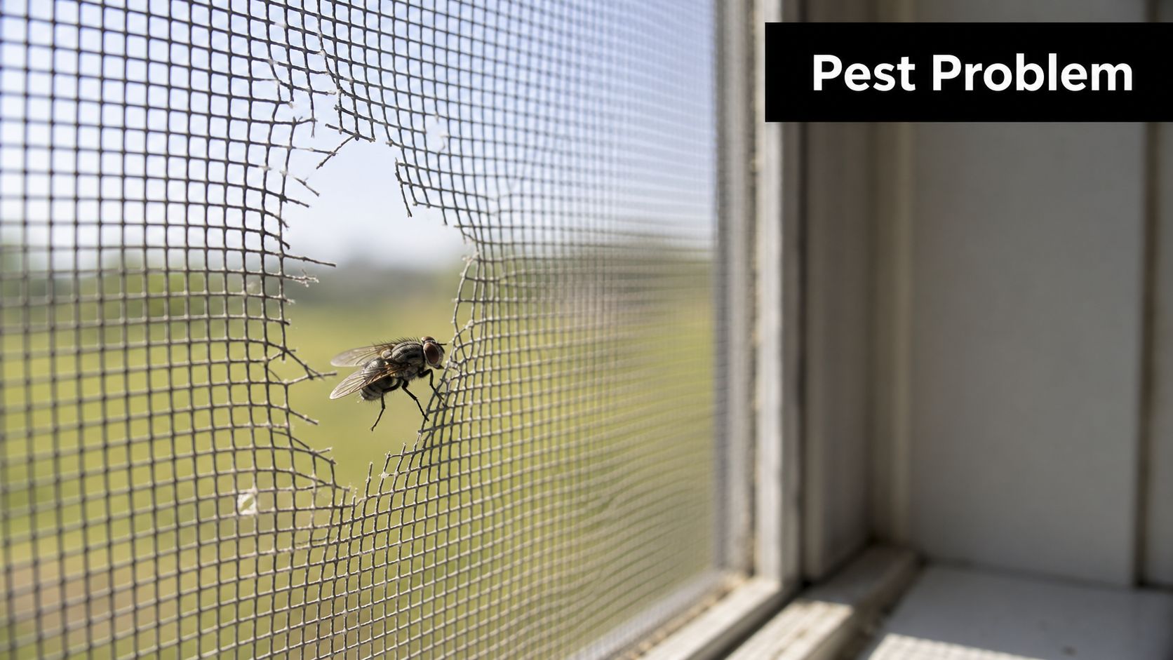 A housefly perched on the edge of a large tear in a window screen mesh.