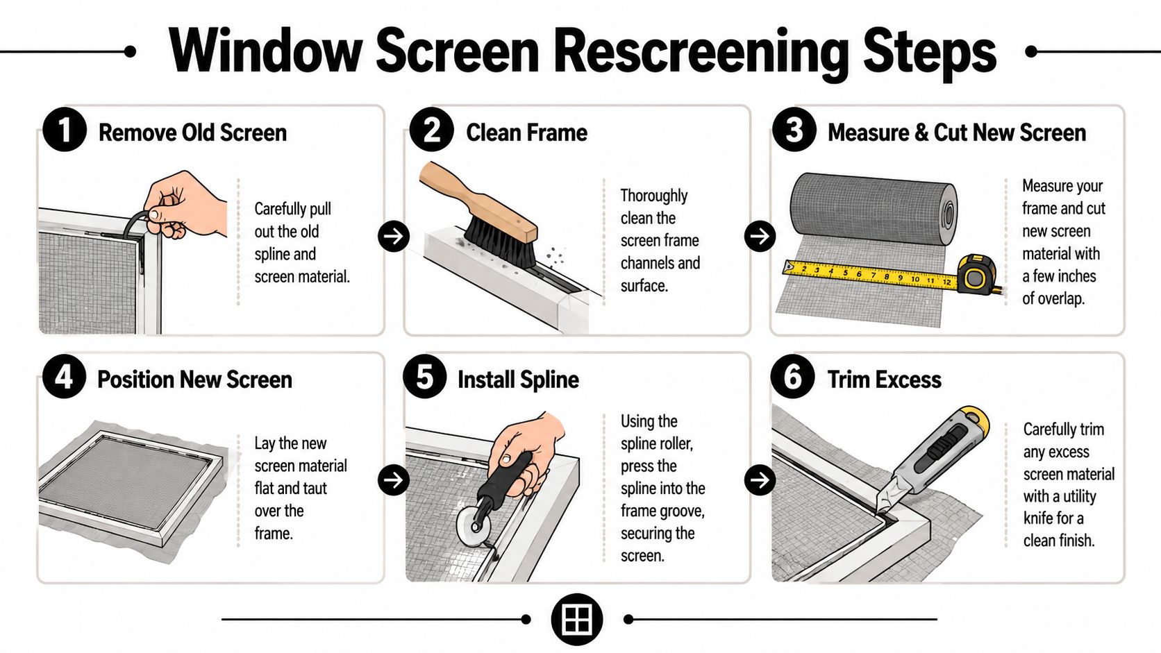 A six-step instructional infographic showing the process of rescreening a window screen with tools and materials.