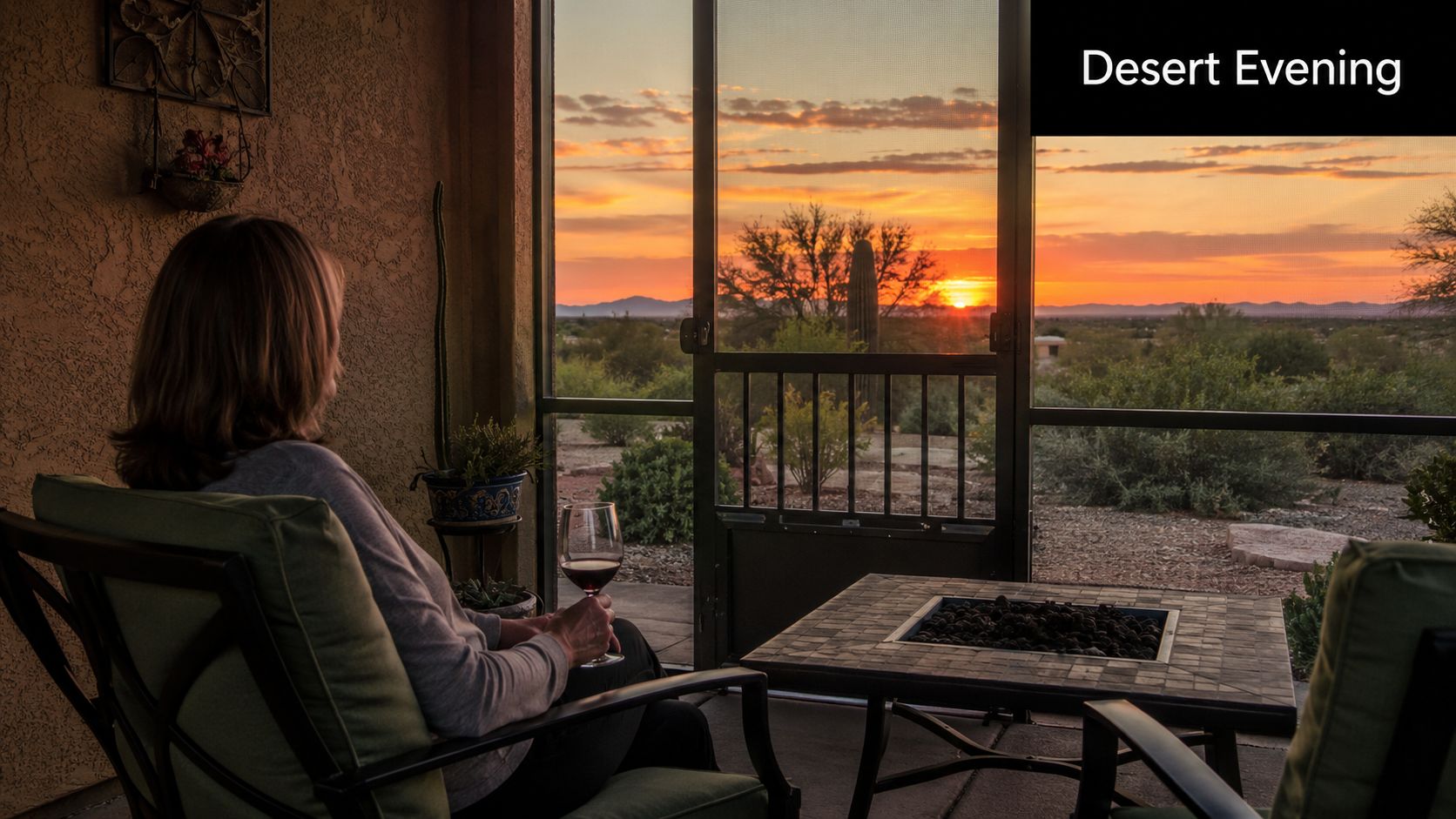 A woman relaxes on a porch while viewing a vibrant desert sunset through a screen door.