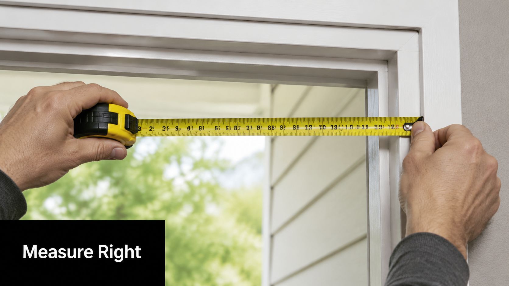 A person using a yellow tape measure to record the interior width of a door frame.