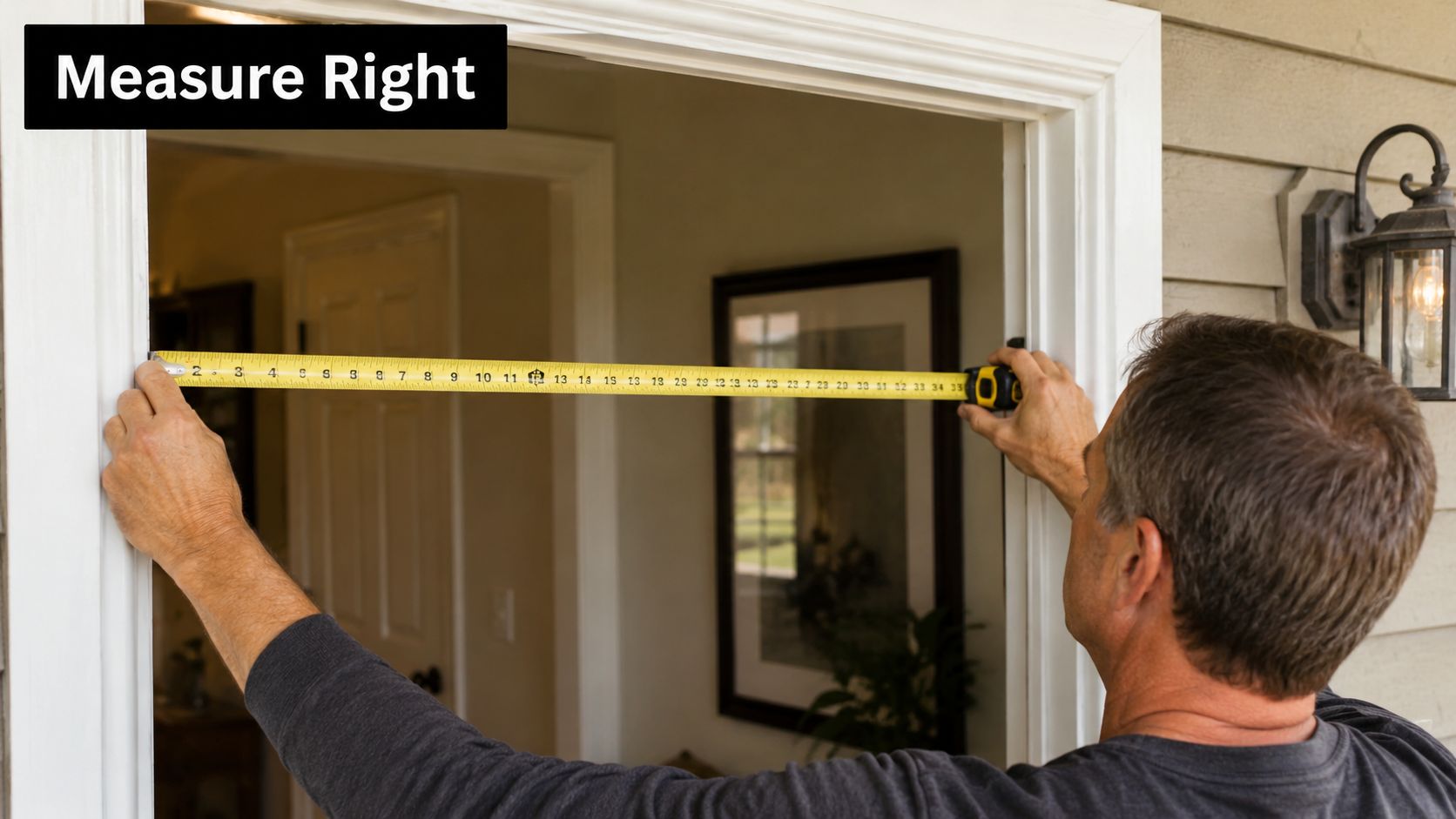 A man measuring the width of a door frame with a yellow retractable tape measure.