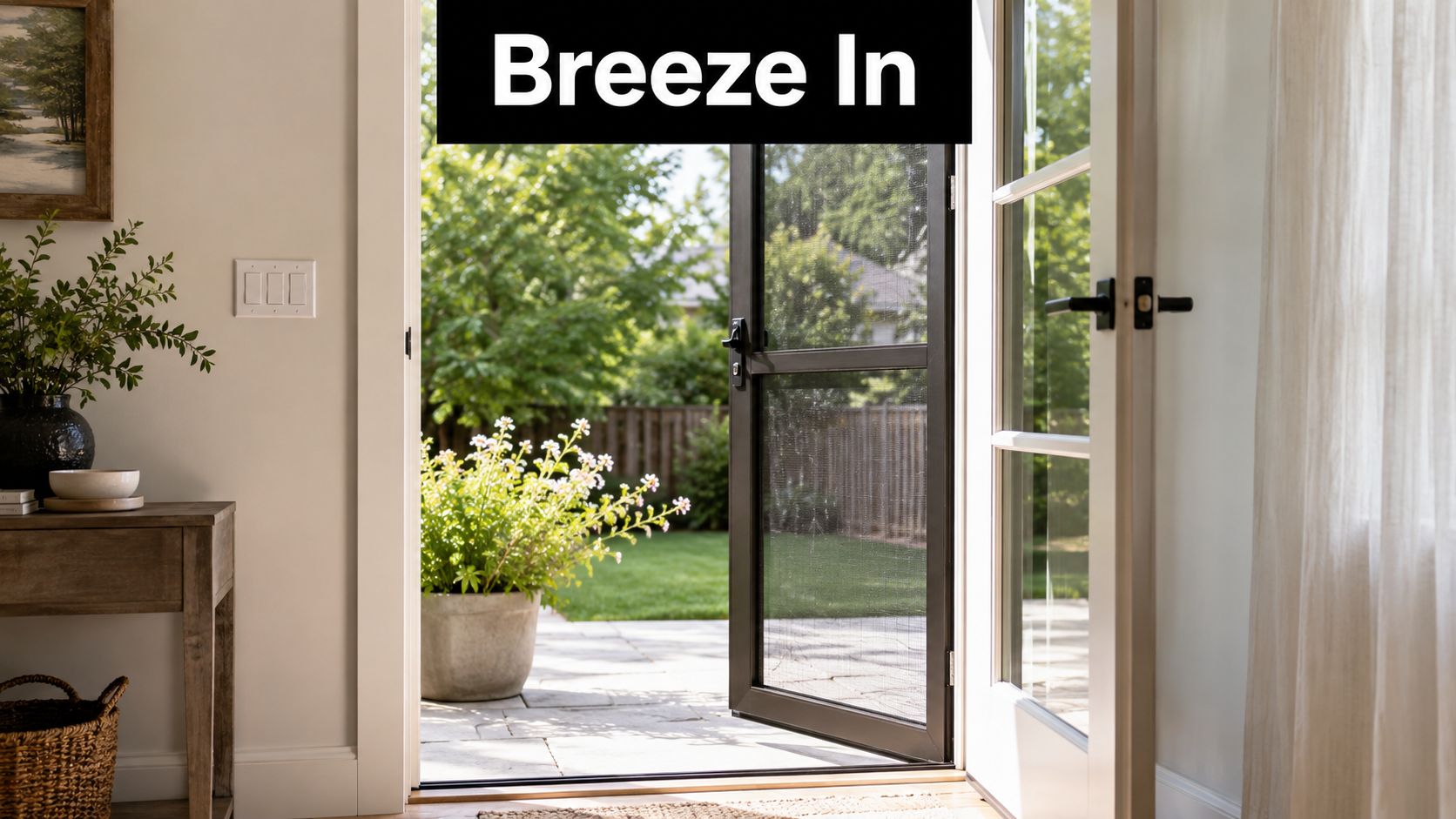 An open door leading to a sunny backyard garden, featuring a installed black screen door for ventilation.