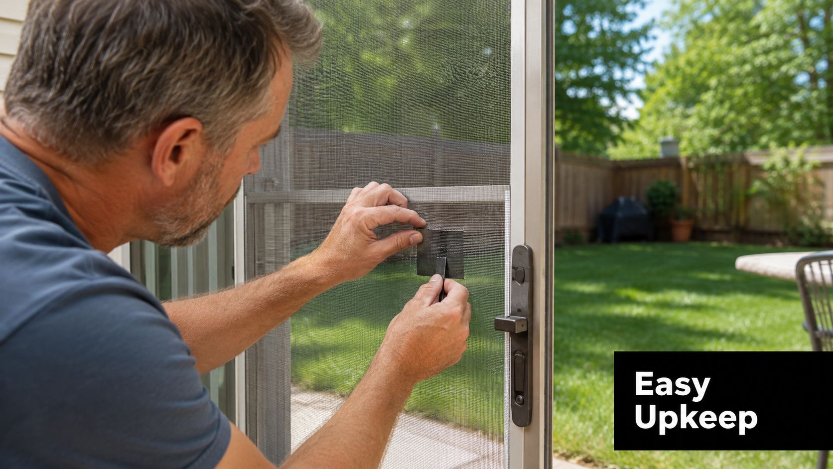 A man carefully applies a black adhesive patch to repair a tear in a sliding screen door.