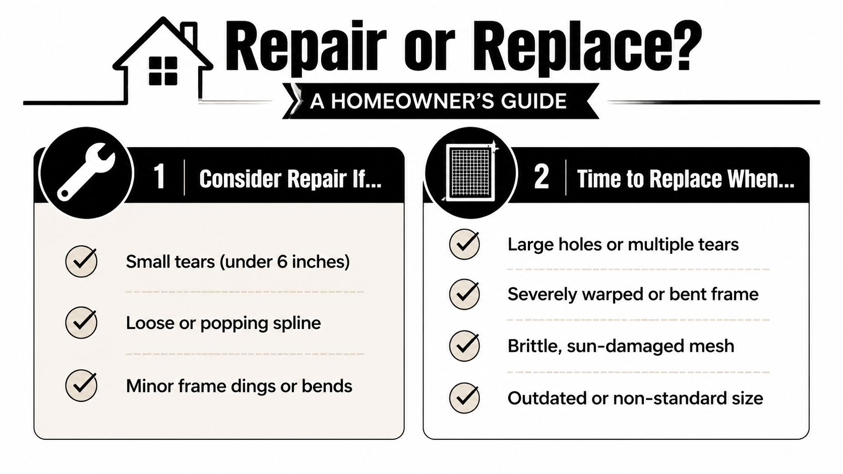 A homeowner guide infographic comparing when to repair or replace bug screens for windows.