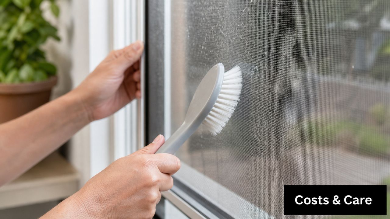 A person cleaning a mesh bug screen window with a soft bristled brush in their hand.