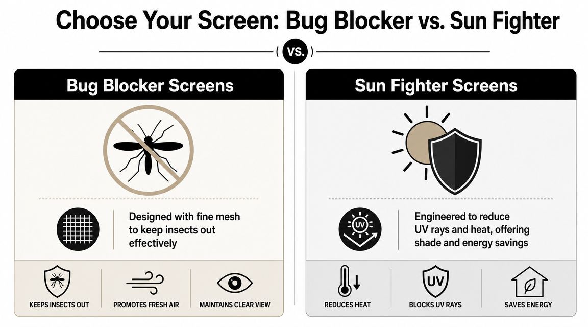 A comparison chart showing benefits of Bug Blocker screens versus Sun Fighter screens for home windows.