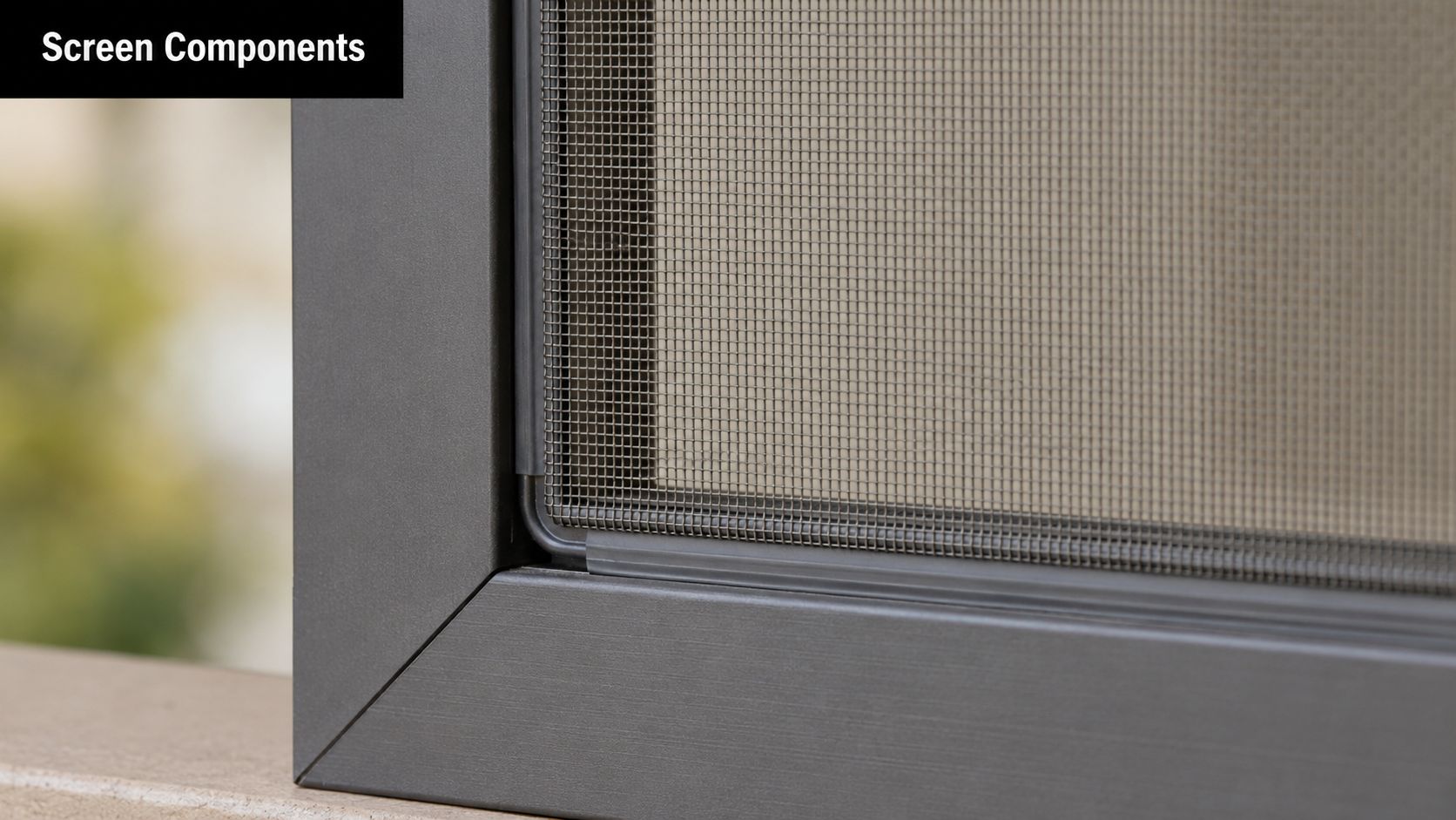 A close-up view of a dark gray window frame holding a fine mesh bug screen.