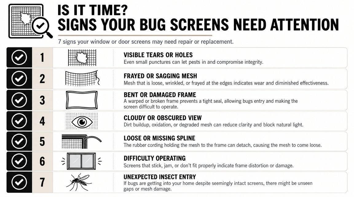 An infographic titled Is It Time outlining seven signs that indicate window or door bug screens need repair.