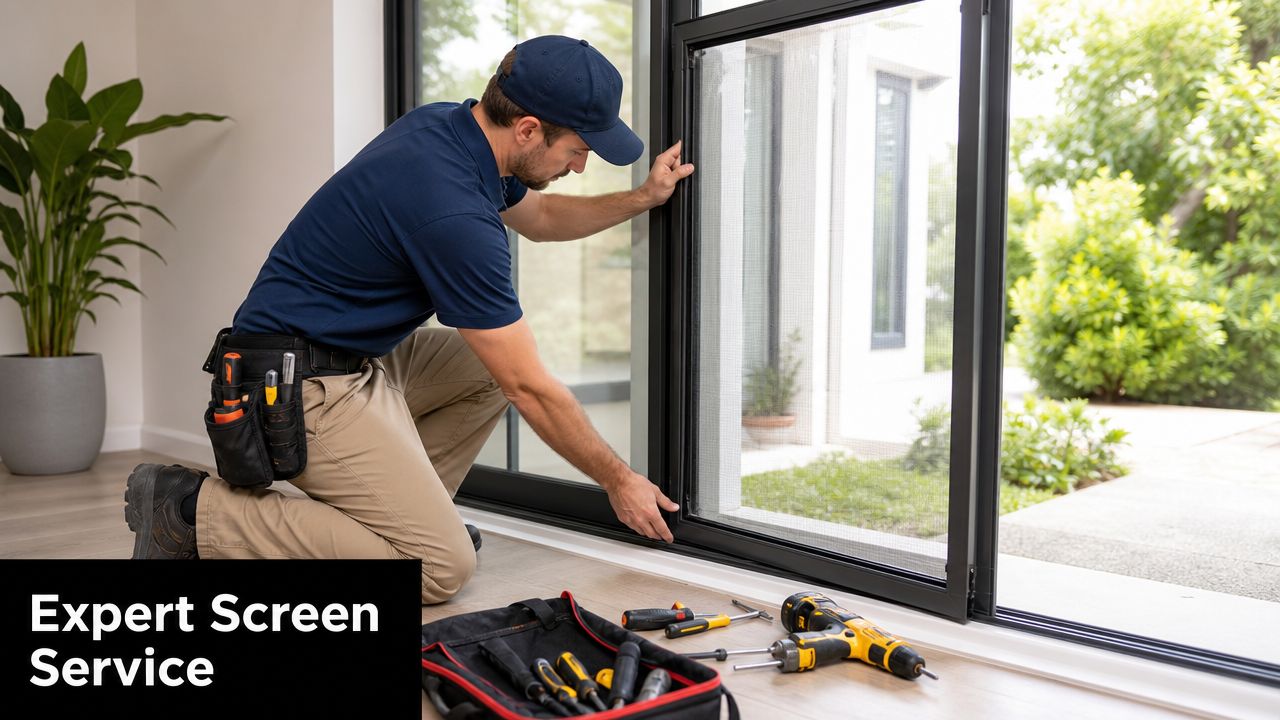 A professional technician in uniform installs a screen on a sliding glass door in a modern home.