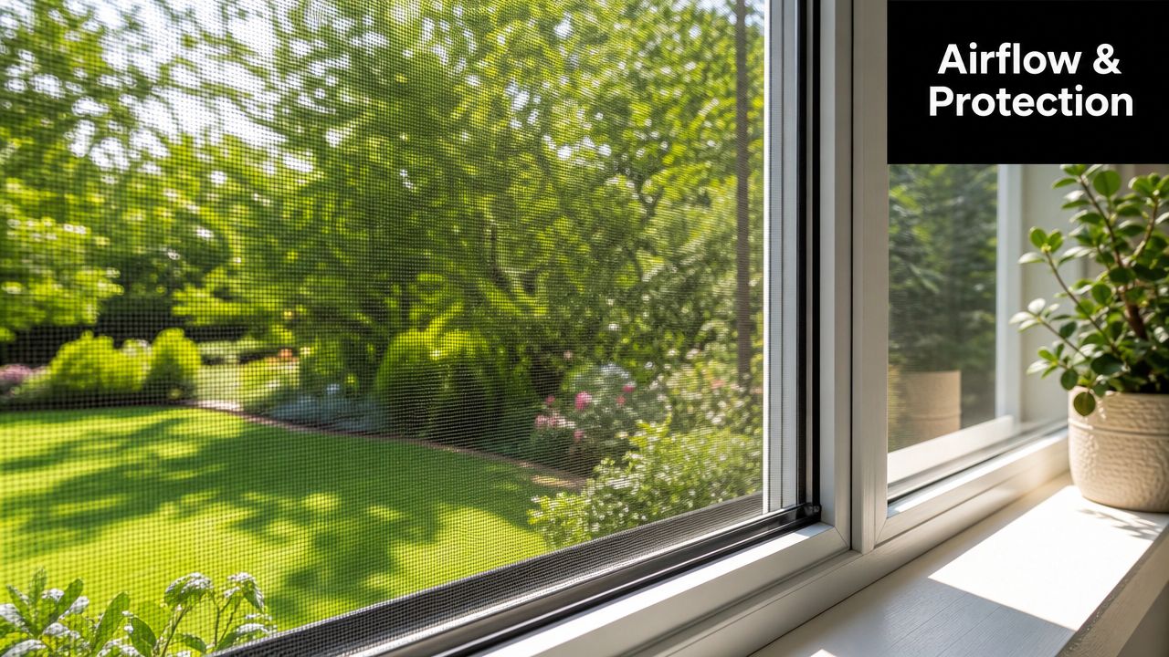 A close-up view through a window screen looking out into a sunny green garden