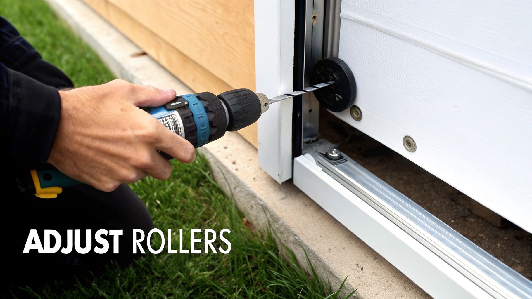 A person using a screwdriver to adjust the roller screw on a sliding screen door.