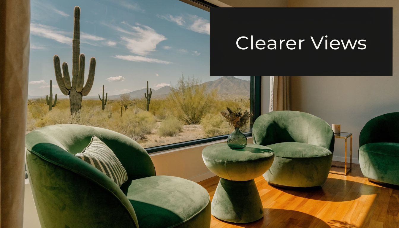 A luxurious sitting area with green velvet chairs overlooking a desert landscape with saguaro cacti and mountains.