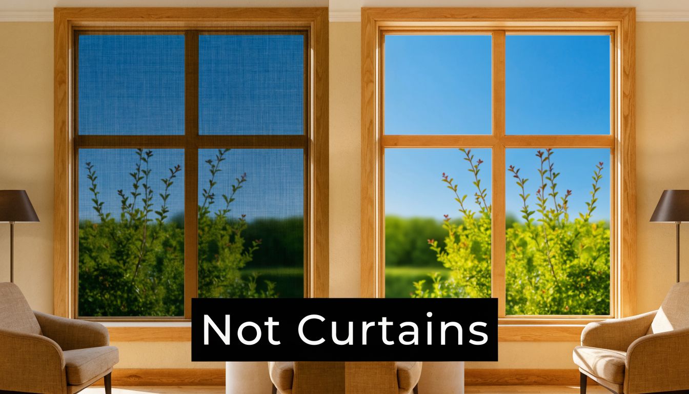 A side-by-side comparison showing a window with a dark solar screen versus a clear window view.