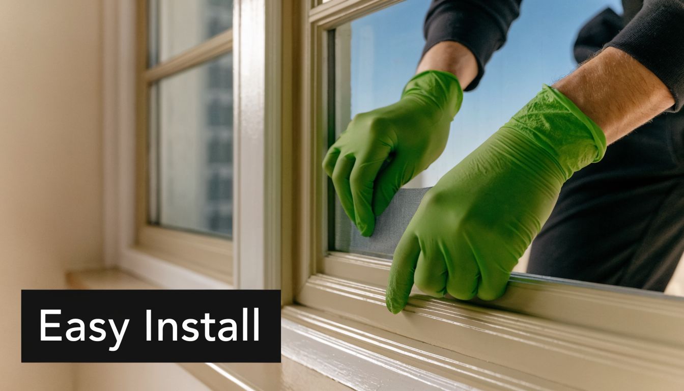 A person wearing green gloves installing a clear view screen into a home window frame.