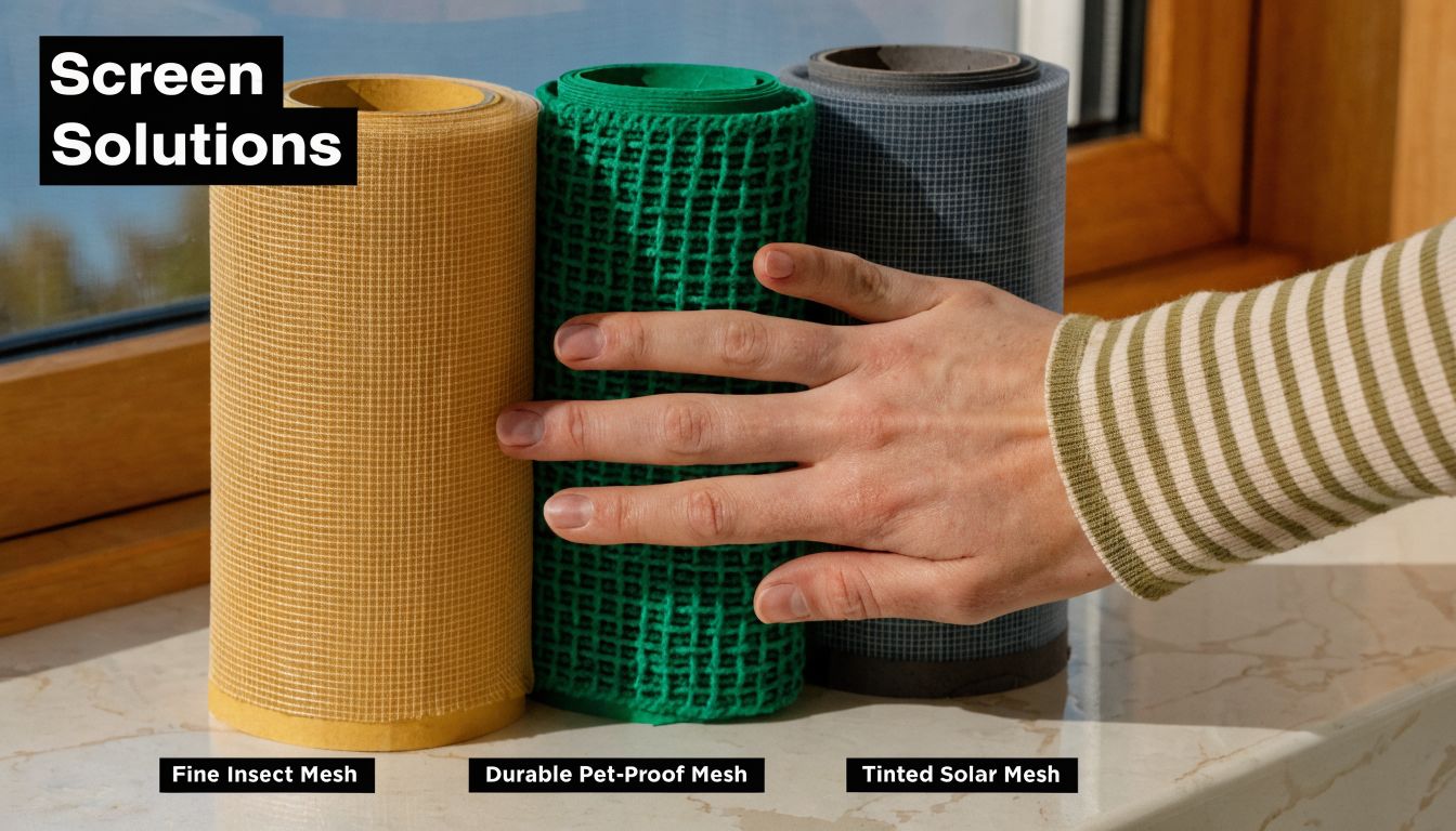 A hand touches three rolls of different window screen mesh materials on a sunny windowsill.