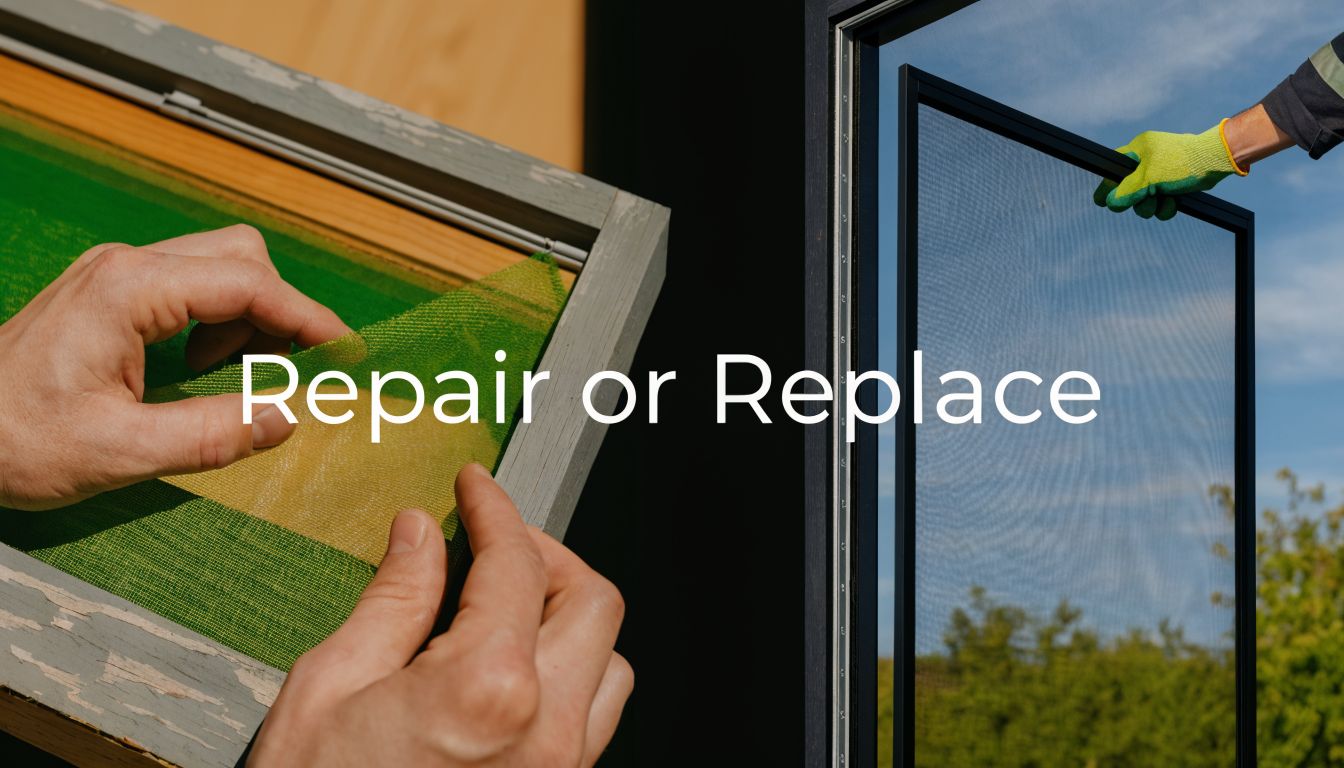 A split-screen comparison showing a person repairing an old screen and another installing a new window screen.