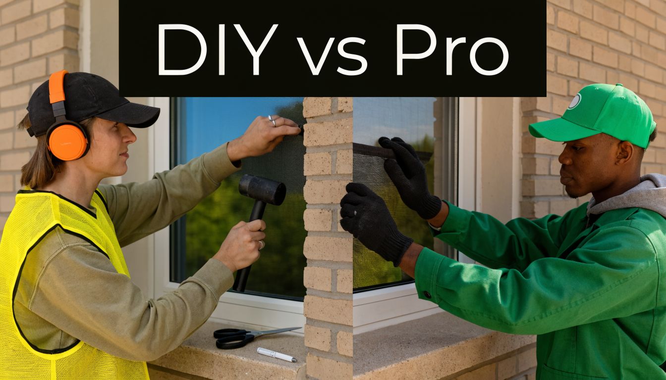 A split-screen comparison showing a woman performing DIY window screen installation versus a professional contractor.