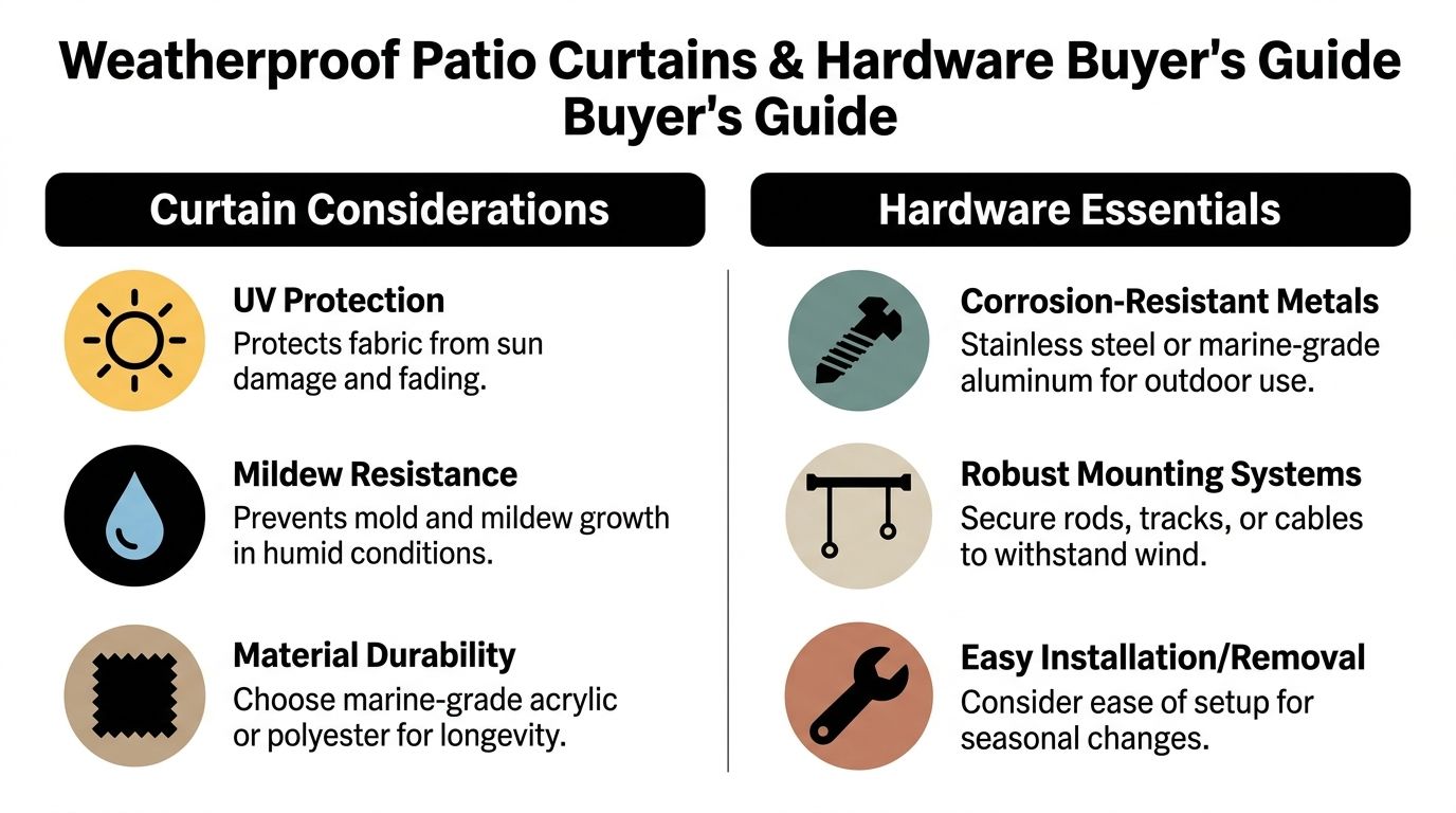 A guide listing essential considerations for buying weatherproof patio curtains and durable outdoor mounting hardware.