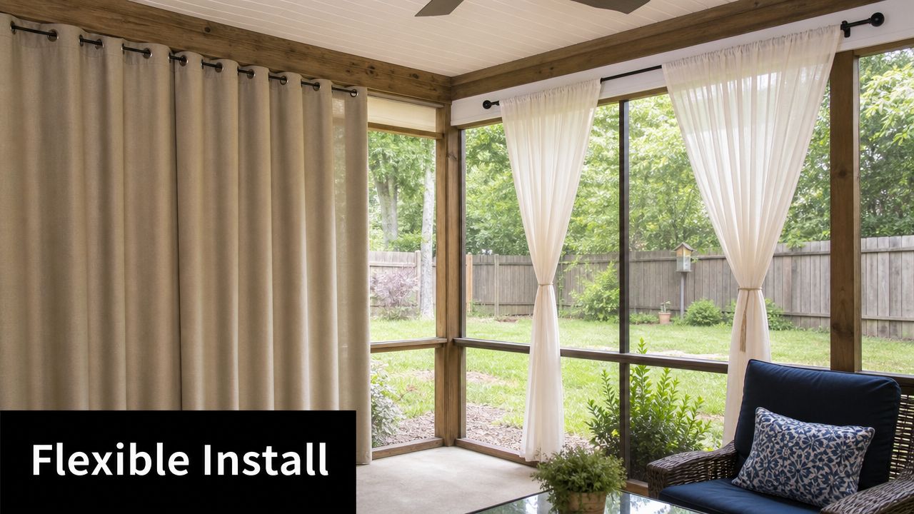 A cozy screened-in patio features stylish beige curtains and sheer white drapes for shade and privacy.