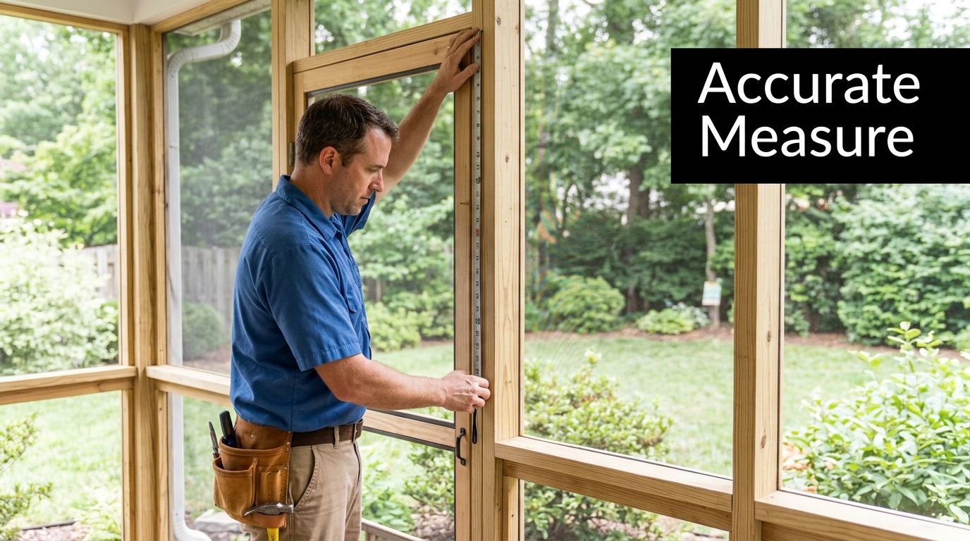 A professional carpenter measuring a wooden screen door frame on a porch to ensure an accurate fit.