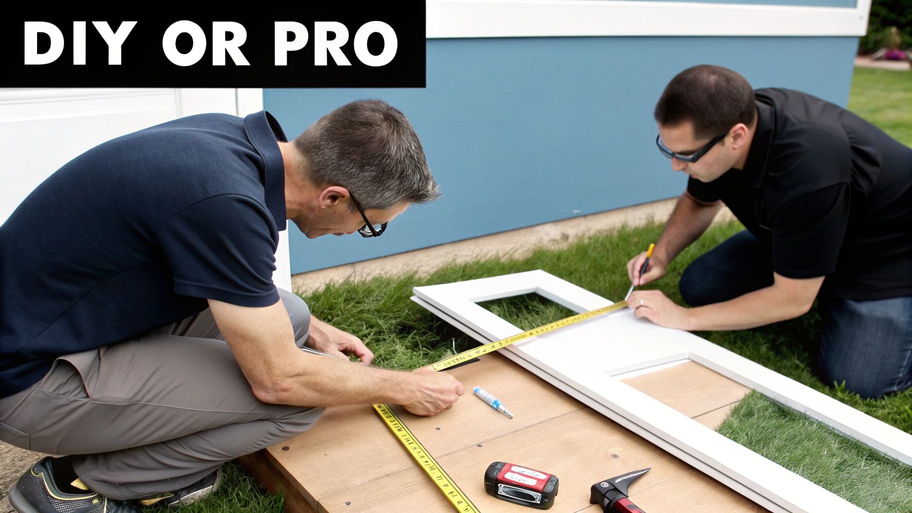 Two men on knees measuring and marking a white frame with tools for a DIY home project.