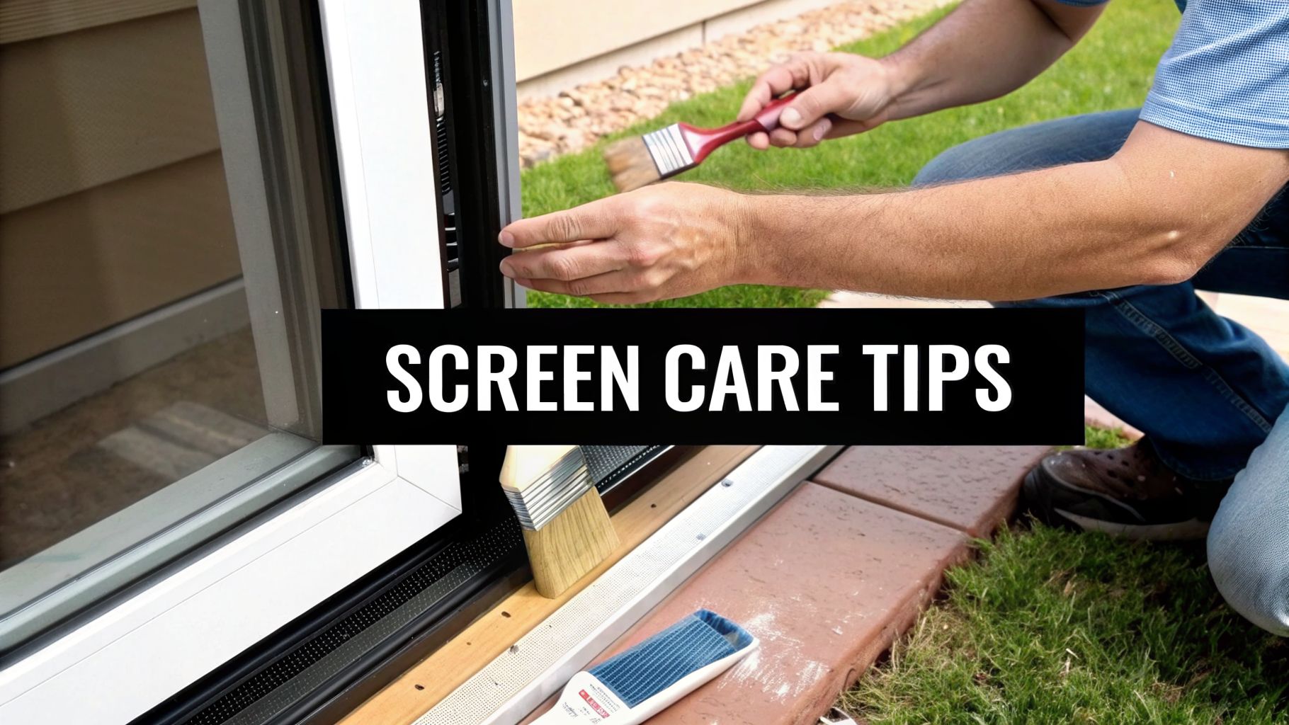 Person using brushes to clean a window screen and frame outdoors, with 'SCREEN CARE TIPS' text.